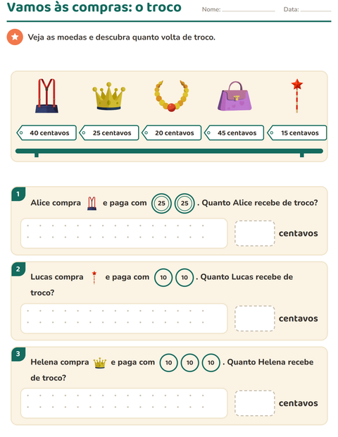 Pré-visualização da ficha de Sistema monetário com Acessórios para 2º ano do ensino fundamental