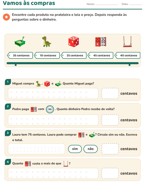 Pré-visualização da ficha de Sistema monetário com Brinquedos para 2º ano do ensino fundamental