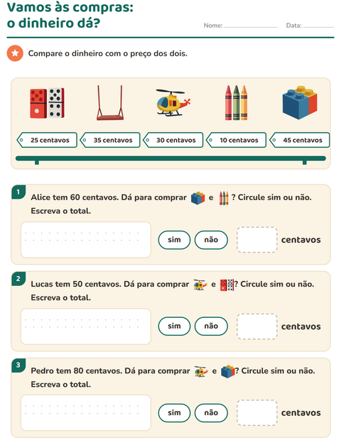 Pré-visualização da ficha de Sistema monetário com Brinquedos para 2º ano do ensino fundamental