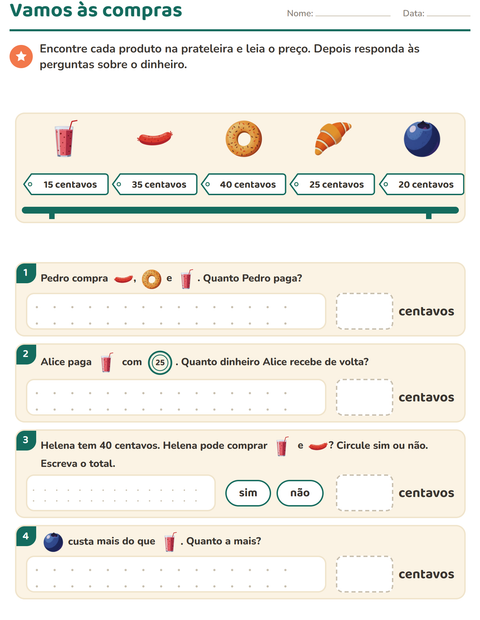 Pré-visualização da ficha de Sistema monetário com Café da manhã para 2º ano do ensino fundamental