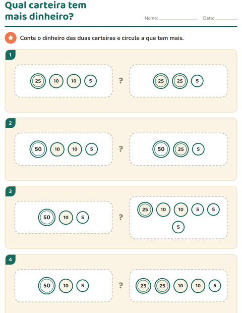 Pré-visualização da ficha de Sistema monetário para 1º ano do ensino fundamental