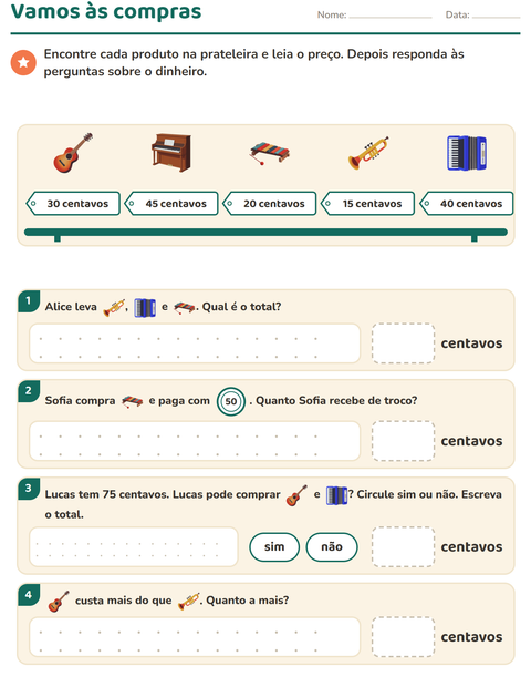 Pré-visualização da ficha de Sistema monetário com Música para 2º ano do ensino fundamental