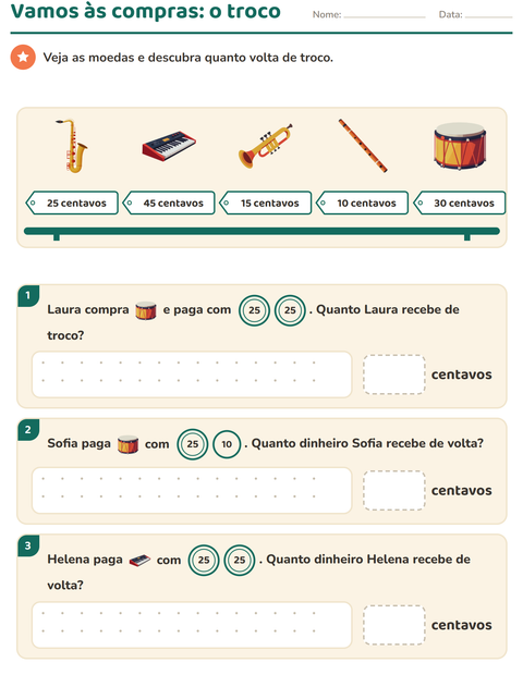 Pré-visualização da ficha de Sistema monetário com Música para 2º ano do ensino fundamental