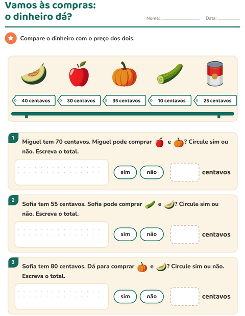 Pré-visualização da ficha de Sistema monetário com No supermercado para 2º ano do ensino fundamental