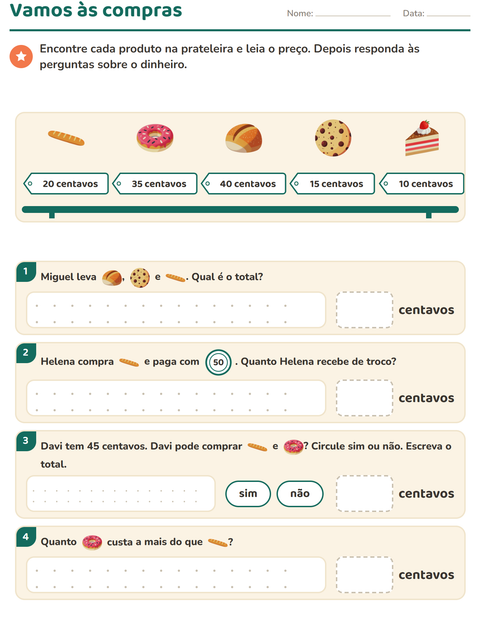Pré-visualização da ficha de Sistema monetário com Padaria para 2º ano do ensino fundamental