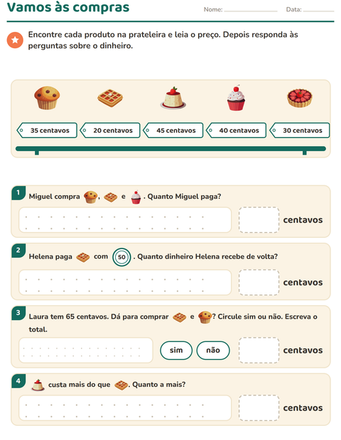 Pré-visualização da ficha de Sistema monetário com Sobremesas e doces para 2º ano do ensino fundamental