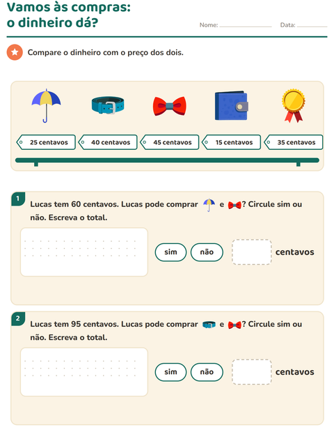 Pré-visualização da ficha de Sistema monetário com Acessórios para 2º ano do ensino fundamental