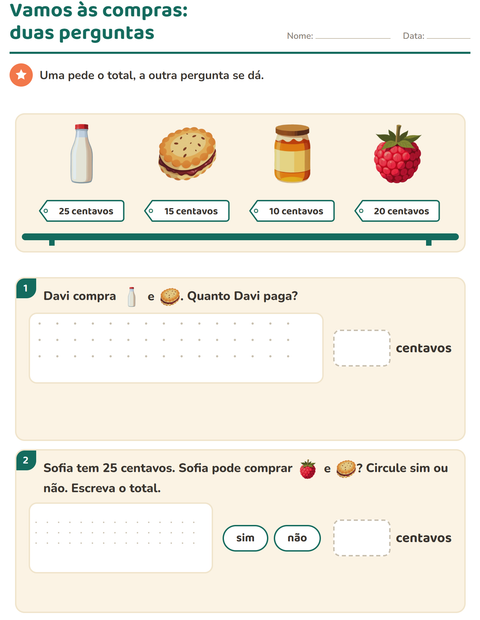 Pré-visualização da ficha de Sistema monetário com Café da manhã para 2º ano do ensino fundamental
