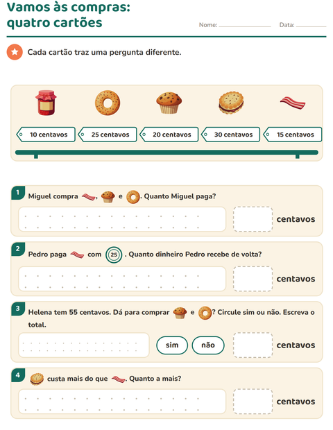 Pré-visualização da ficha de Sistema monetário com Café da manhã para 2º ano do ensino fundamental