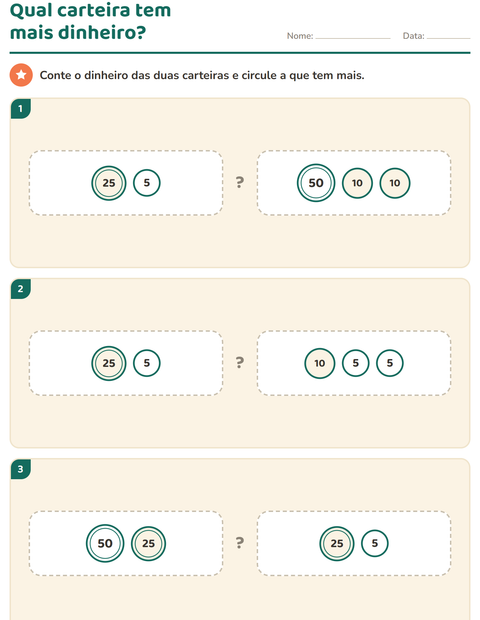 Pré-visualização da ficha de Sistema monetário para 1º ano do ensino fundamental