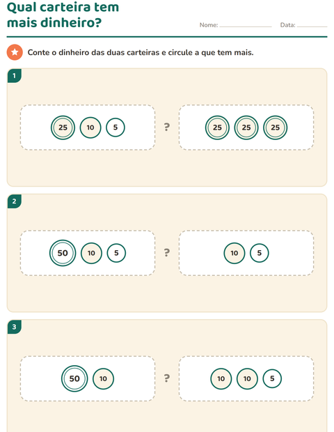 Pré-visualização da ficha de Sistema monetário para 1º ano do ensino fundamental