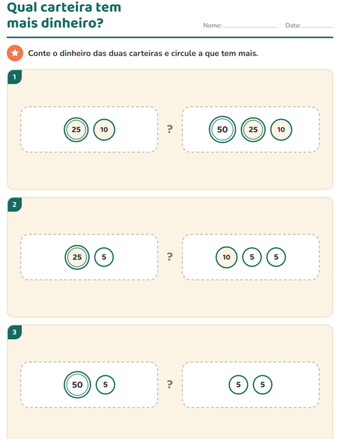 Pré-visualização da ficha de Sistema monetário para 1º ano do ensino fundamental