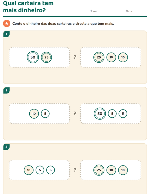 Pré-visualização da ficha de Sistema monetário para 1º ano do ensino fundamental