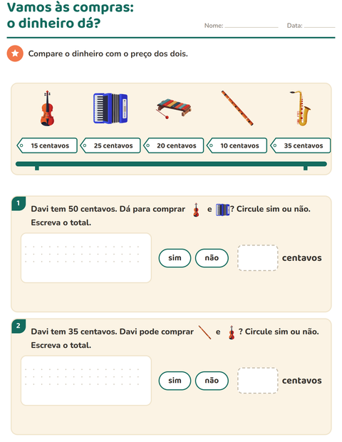 Pré-visualização da ficha de Sistema monetário com Música para 2º ano do ensino fundamental