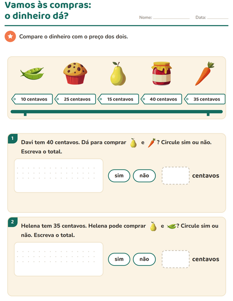 Pré-visualização da ficha de Sistema monetário com No supermercado para 2º ano do ensino fundamental