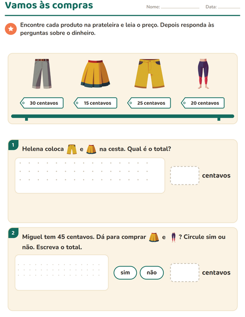 Pré-visualização da ficha de Sistema monetário com Roupas para 2º ano do ensino fundamental