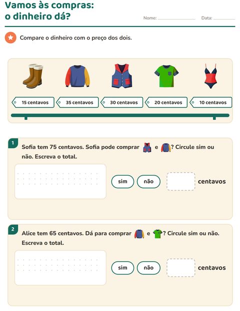 Pré-visualização da ficha de Sistema monetário com Roupas para 2º ano do ensino fundamental