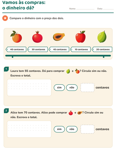 Pré-visualização da ficha de Sistema monetário com Frutas para 2º ano do ensino fundamental