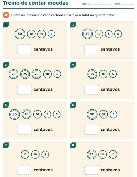 Treino de contar moedas: oito carteirinhas