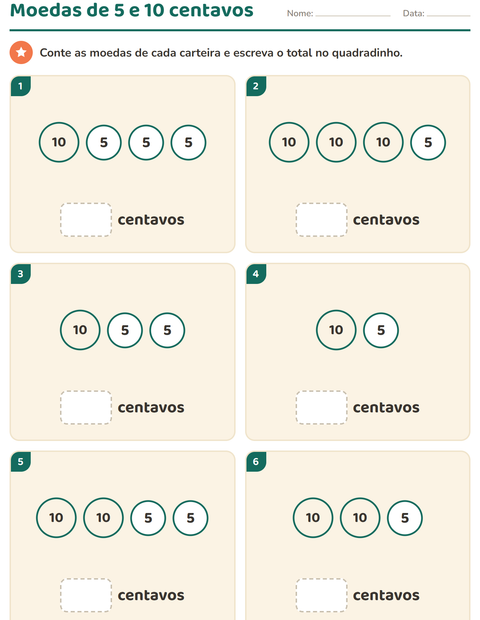 Moedas de 5 e 10 centavos: conte de 5 em 5 e de 10 em 10