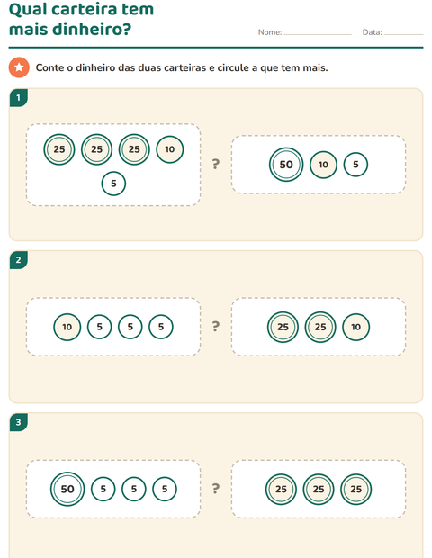 Pré-visualização da ficha de Sistema monetário para 1º ano do ensino fundamental