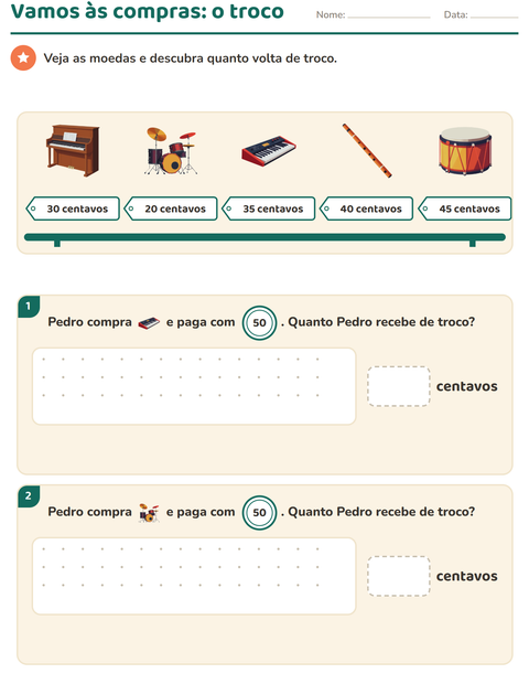 Pré-visualização da ficha de Sistema monetário com Música para 2º ano do ensino fundamental