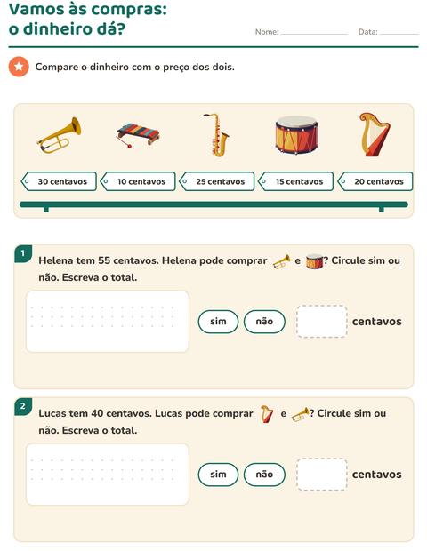 Pré-visualização da ficha de Sistema monetário com Música para 2º ano do ensino fundamental