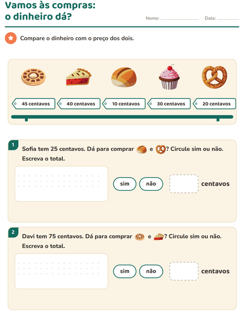 Pré-visualização da ficha de Sistema monetário com Padaria para 2º ano do ensino fundamental