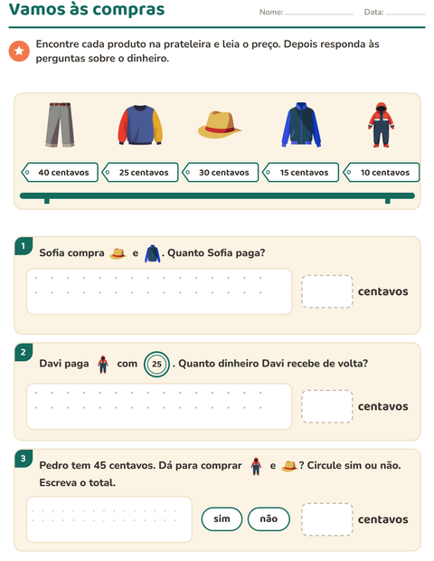 Pré-visualização da ficha de Sistema monetário com Roupas para 2º ano do ensino fundamental
