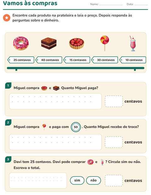 Pré-visualização da ficha de Sistema monetário com Sobremesas e doces para 2º ano do ensino fundamental