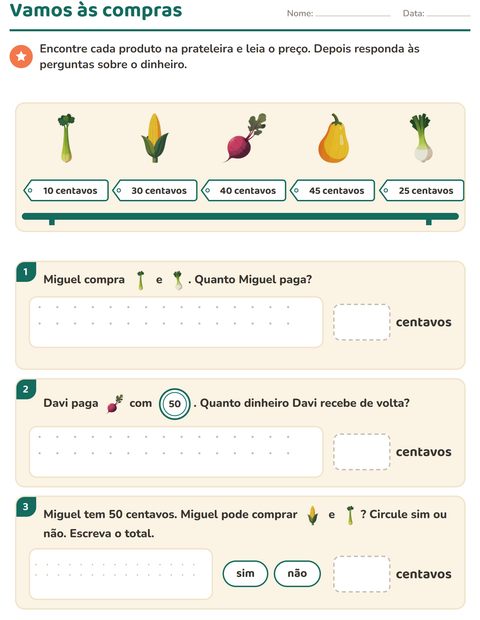 Pré-visualização da ficha de Sistema monetário com Vegetais para 2º ano do ensino fundamental