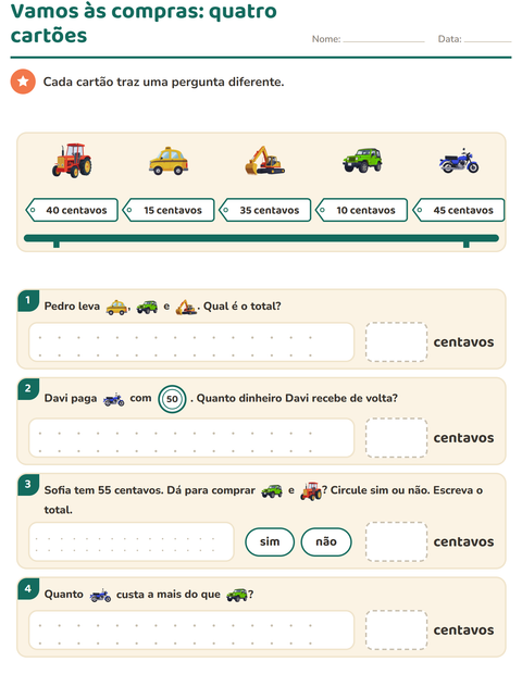 Vamos às compras: quatro cartões, quatro perguntas diferentes