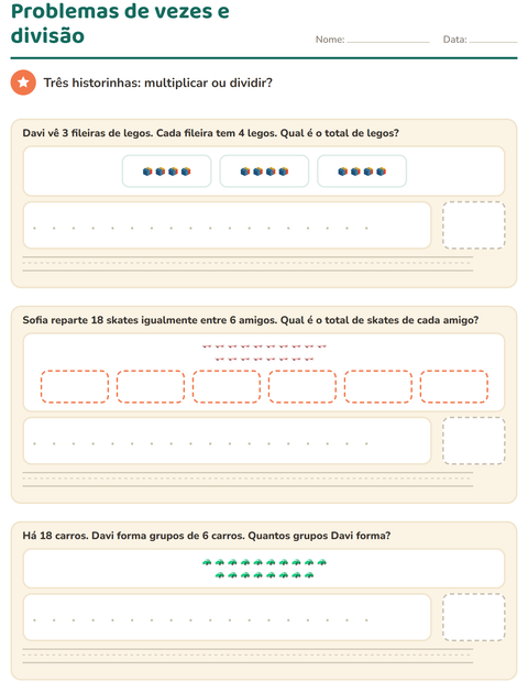 Prévia: Três historinhas na mesma folha: multiplicar, repartir e agrupar