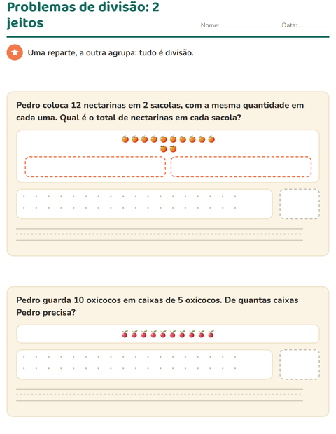 Problemas de divisão: uma historinha reparte, a outra forma grupos