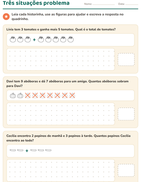 Pré-visualização da ficha de Situações problema com Vegetais PB para 1º ano do ensino fundamental
