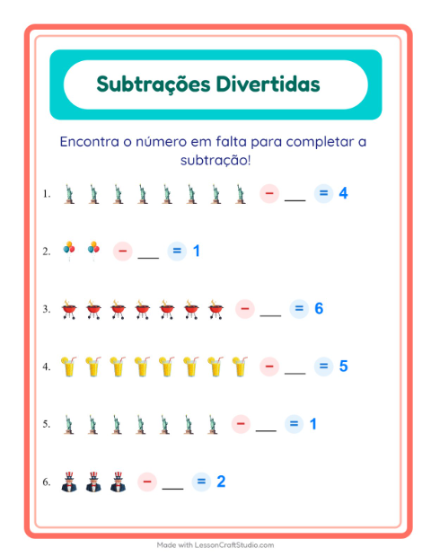 Pré-visualização da ficha de Subtração com 4 de Julho para Educação infantil (pré-escola, 5-7 anos)