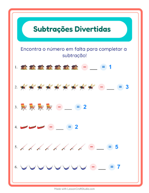 Pré-visualização da ficha de Subtração com Acampamento para Educação infantil (pré-escola, 5-7 anos)