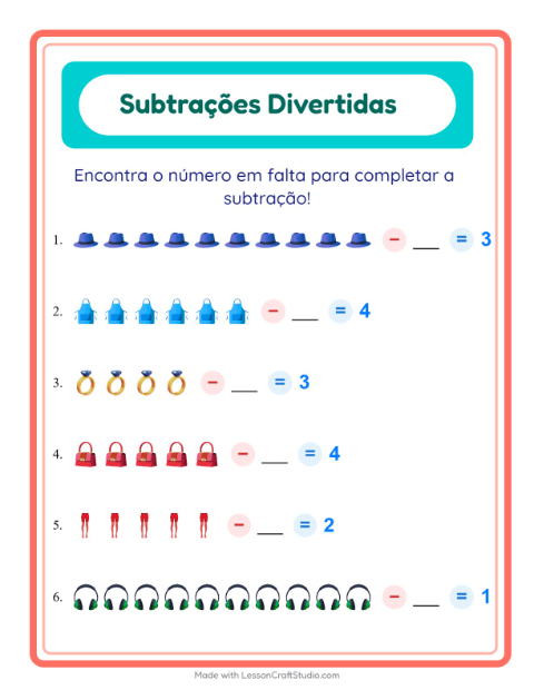 Pré-visualização da ficha de Subtração com Acessórios para Educação infantil (pré-escola, 5-7 anos)