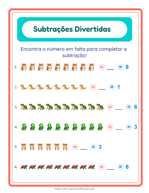 Pré-visualização da ficha de Subtração com Animais de estimação para Educação infantil (pré-escola, 5-7 anos)
