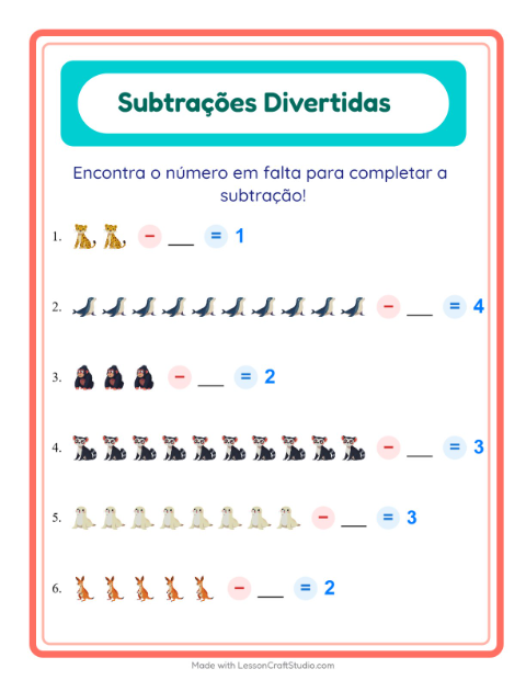Pré-visualização da ficha de Subtração com Animais do zoológico para Educação infantil (pré-escola, 5-7 anos)