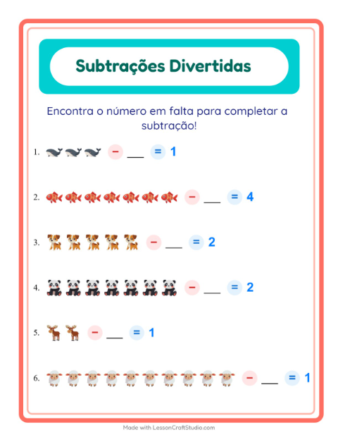 Pré-visualização da ficha de Subtração com Animais para Educação infantil (pré-escola, 5-7 anos)