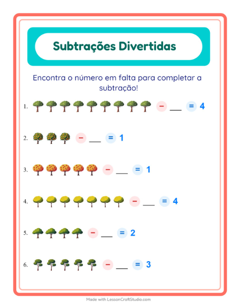 Pré-visualização da ficha de Subtração com Árvores para Educação infantil (pré-escola, 5-7 anos)