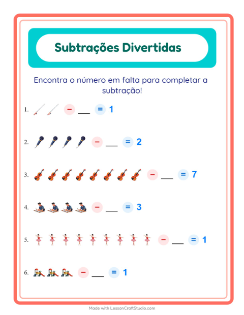 Pré-visualização da ficha de Subtração com Atividades para Educação infantil (pré-escola, 5-7 anos)
