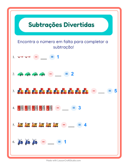 Pré-visualização da ficha de Subtração com Brinquedos para Educação infantil (pré-escola, 5-7 anos)