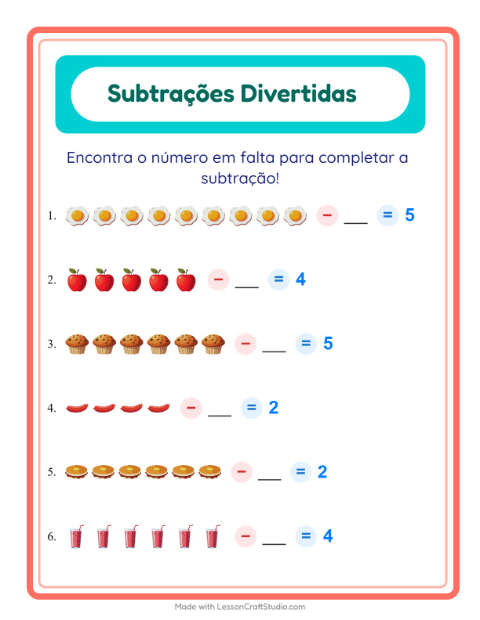 Pré-visualização da ficha de Subtração com Café da manhã para Educação infantil (pré-escola, 5-7 anos)