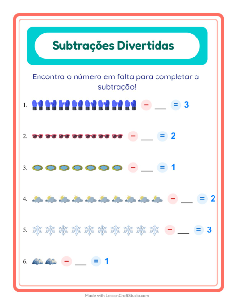 Pré-visualização da ficha de Subtração com Clima para Educação infantil (pré-escola, 5-7 anos)