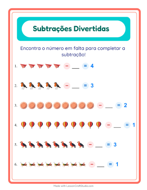 Pré-visualização da ficha de Subtração com Coisas que voam para Educação infantil (pré-escola, 5-7 anos)