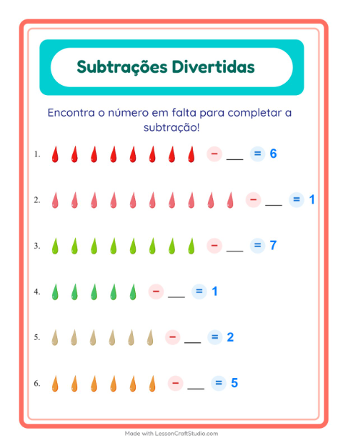 Pré-visualização da ficha de Subtração com Cores para Educação infantil (pré-escola, 5-7 anos)