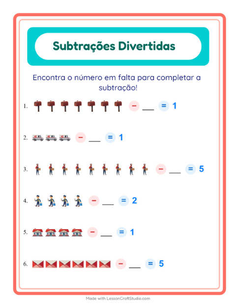 Pré-visualização da ficha de Subtração com Correios para Educação infantil (pré-escola, 5-7 anos)