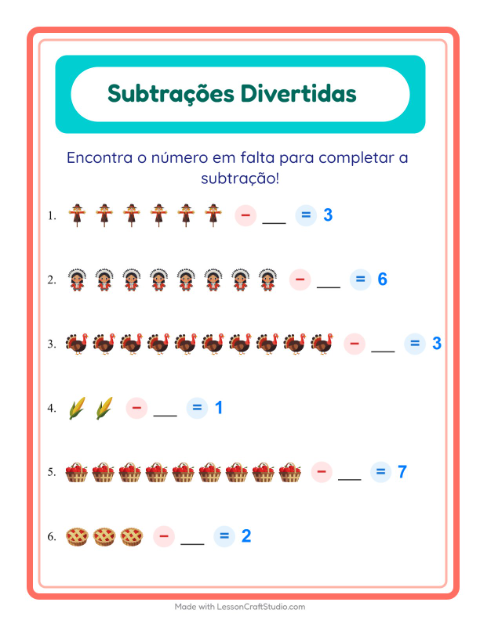 Pré-visualização da ficha de Subtração com Dia de Ação de Graças para Educação infantil (pré-escola, 5-7 anos)